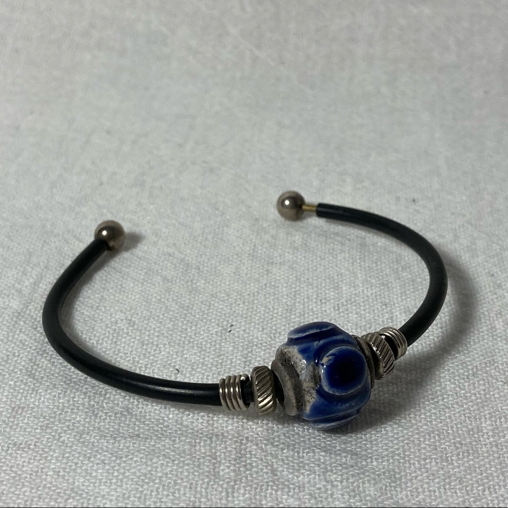 FREE IF BUNDLED Open Bangle Bracelet with Black Band and Blue Stone Accent